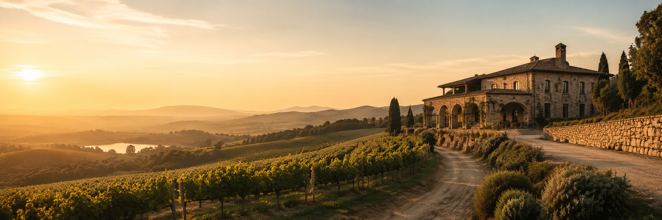 Weinberge und Weingut im warmen Abendlicht